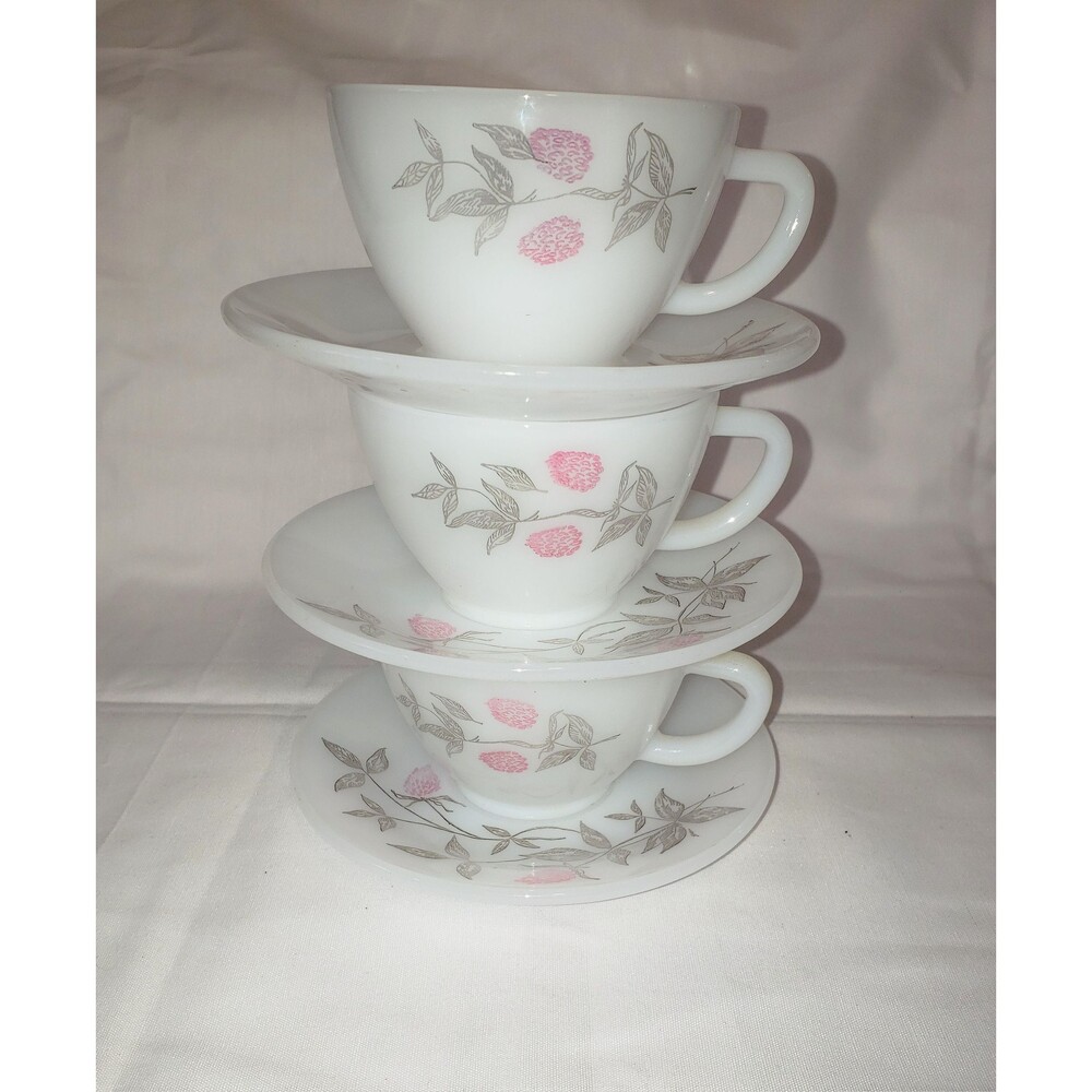 3 Vintage Federal Glass Teacup Saucer Clover Blossom Milk Glass Pink White 50s